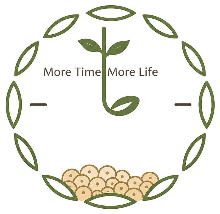 Taimseed emblem — a sprouting seedling encircled by a laurel wreath, with the motto More Time, More Life